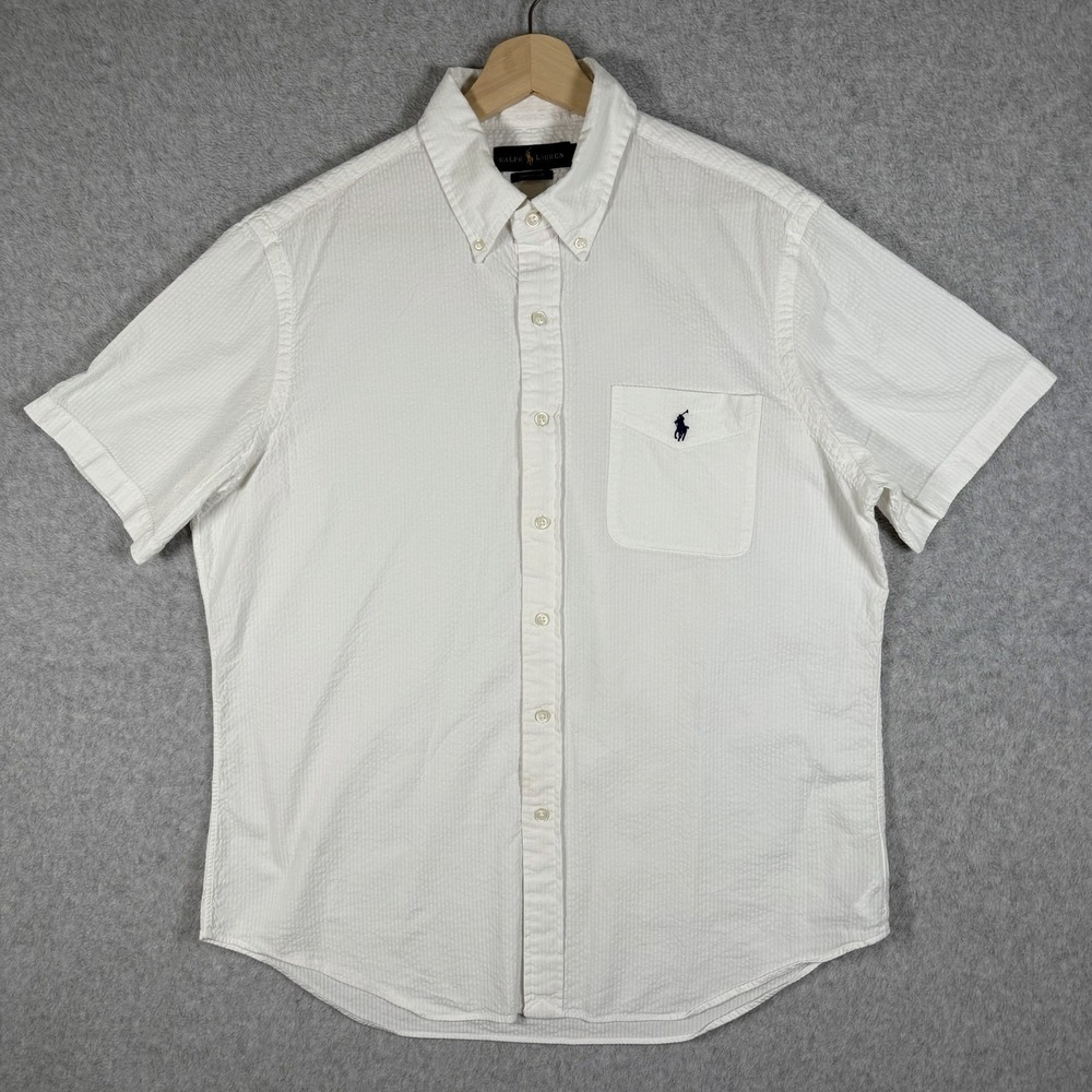 Polo Ralph Lauren Shirt Mens Large White Seersucker Untucked Fit Classic Preppy